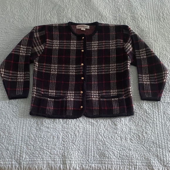 Vintage Navy and Red Plaid Cardigan - Picture 1 of 4